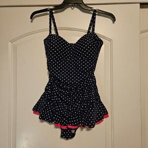 Mazu  Polka Dot One Piece Swimsuit Women's 12 Navy White Ruched Skirt Retro